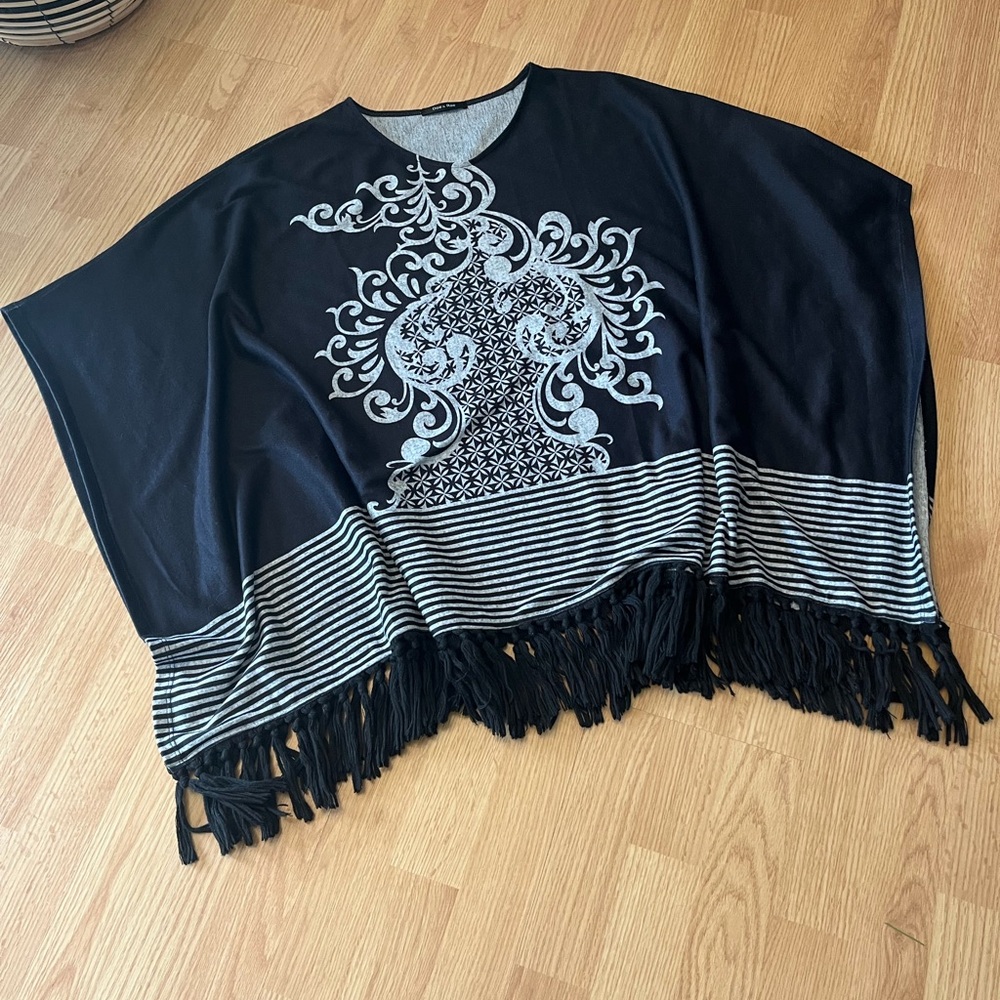 Black and White Poncho with Fringe
